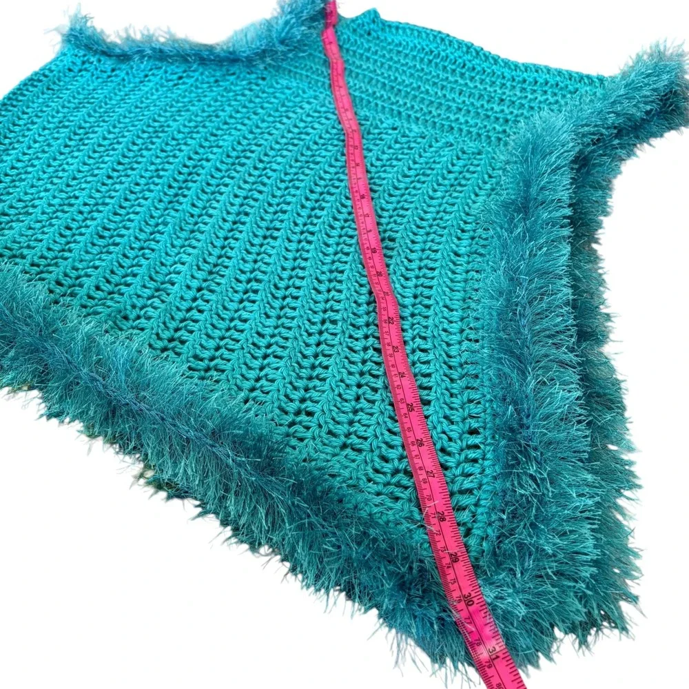 Handmade Teal Crochet Poncho Eyelash Fringe Trim Boho Open Knit Wrap Whimsigoth